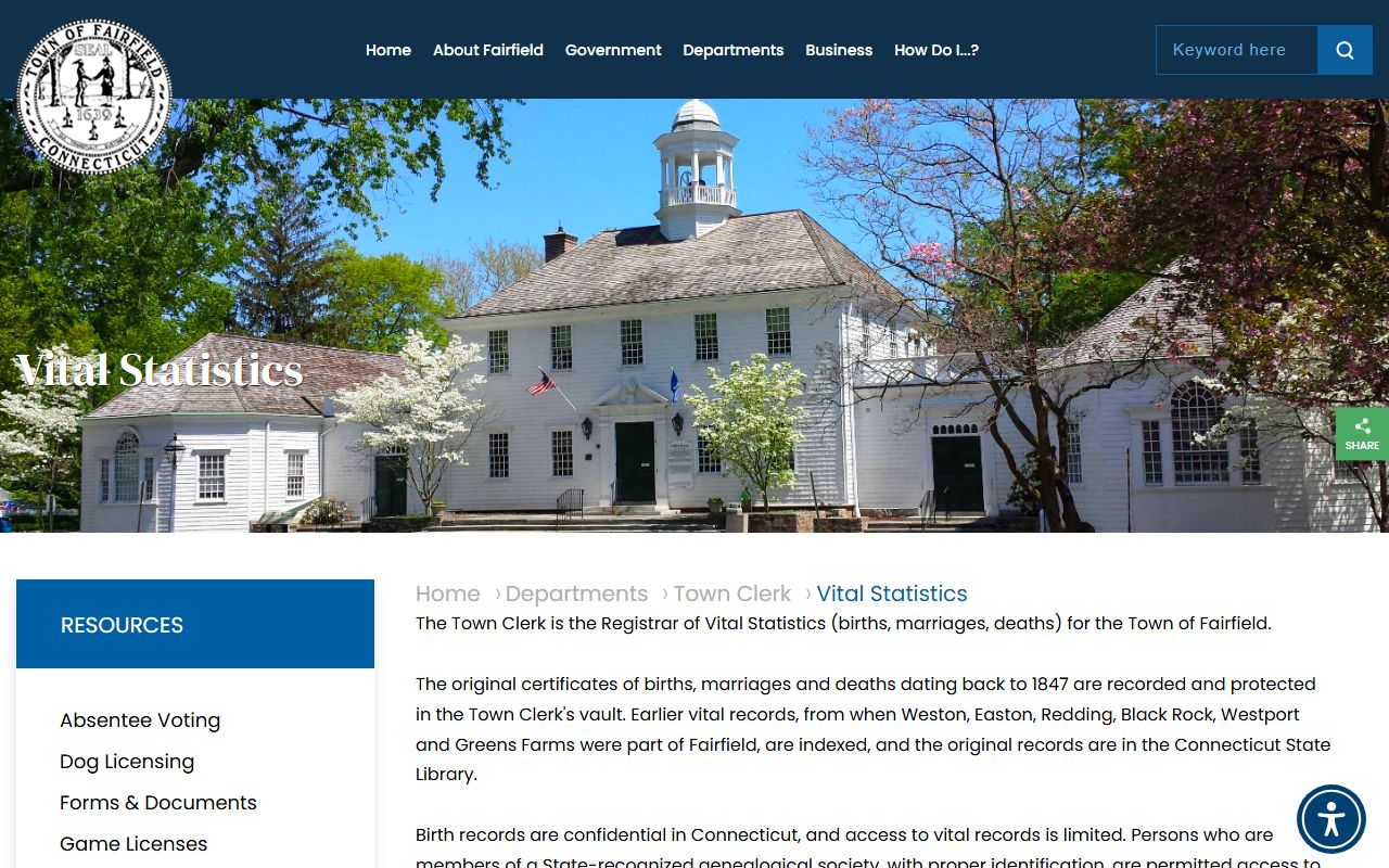 Fairfield Town Clerk office building for obituary records