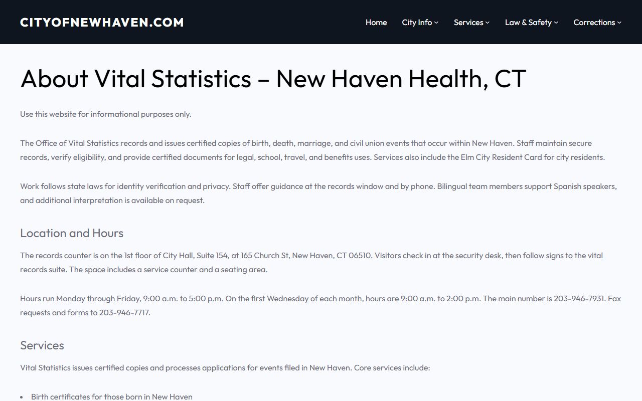 New Haven Bureau of Vital Statistics office for obituary records
