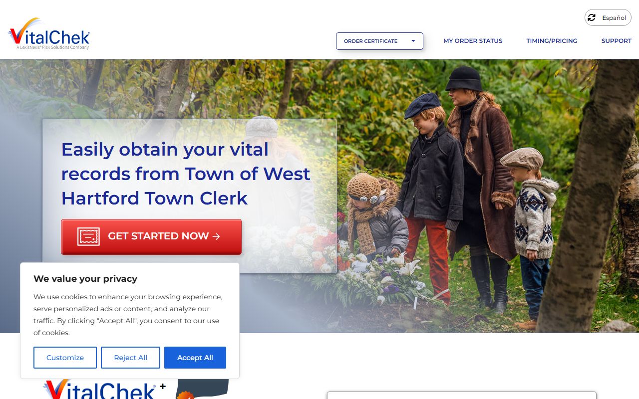 VitalChek online ordering for West Hartford obituary records